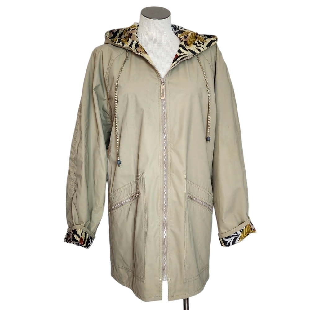 Totes Tan Hood Coat Zipper Closure Animal Print Lined Women's Rain Size M